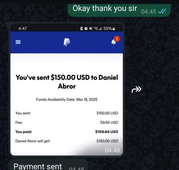 Percakapan klien internasional dengan bukti pembayaran $150 USD